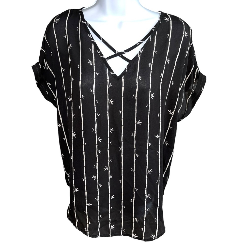 Women's Worthington Black/Beige Bamboo Reeds Short Sleeve Blouse Top - XS